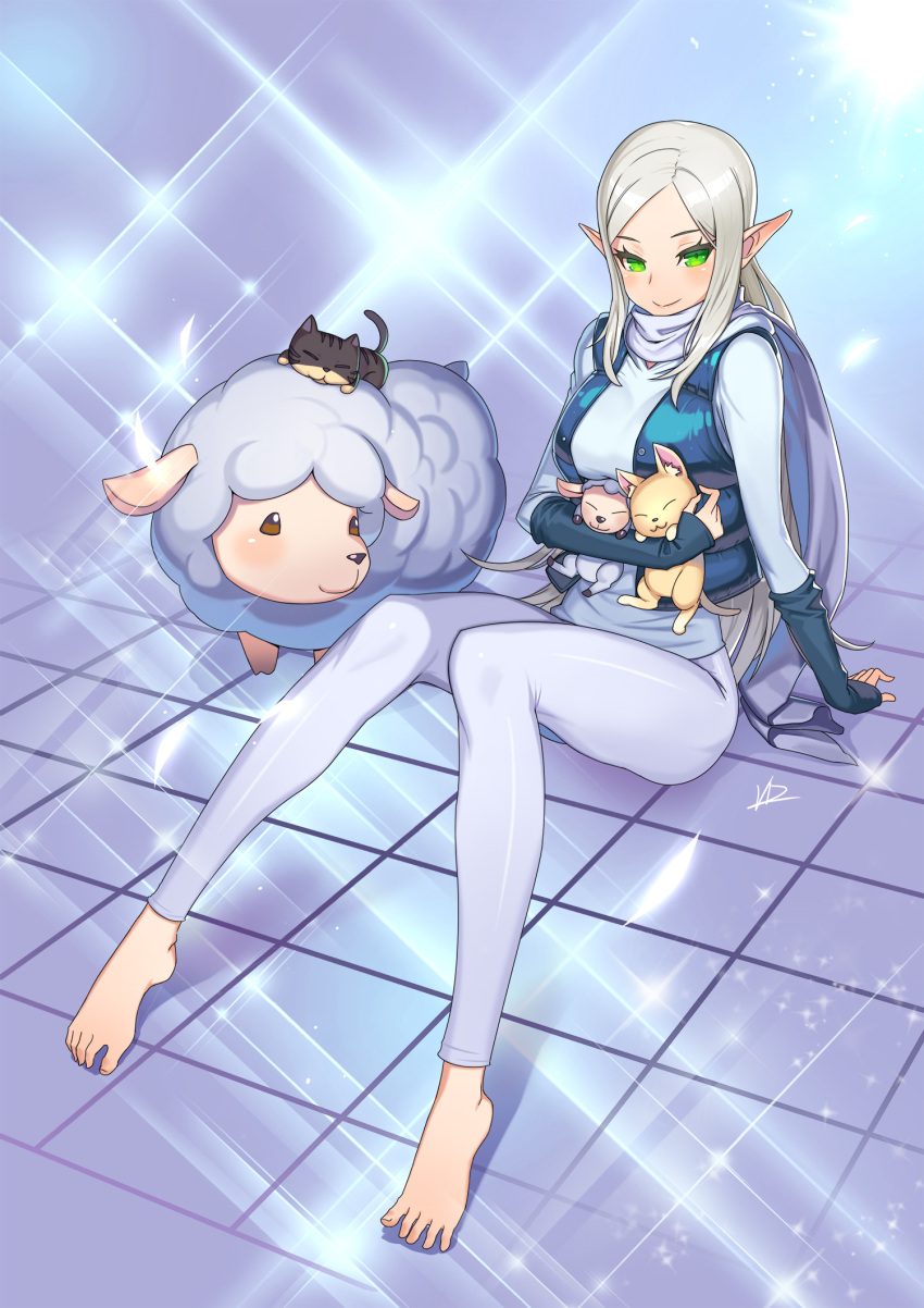 1girl :3 arm_support barefoot cat closed_eyes dungeon_and_fighter feet full_body green_eyes highres kim_jin_sung looking_at_viewer on_floor pants pointy_ears scarf sheep sidelocks silver_hair sitting smile toes vest