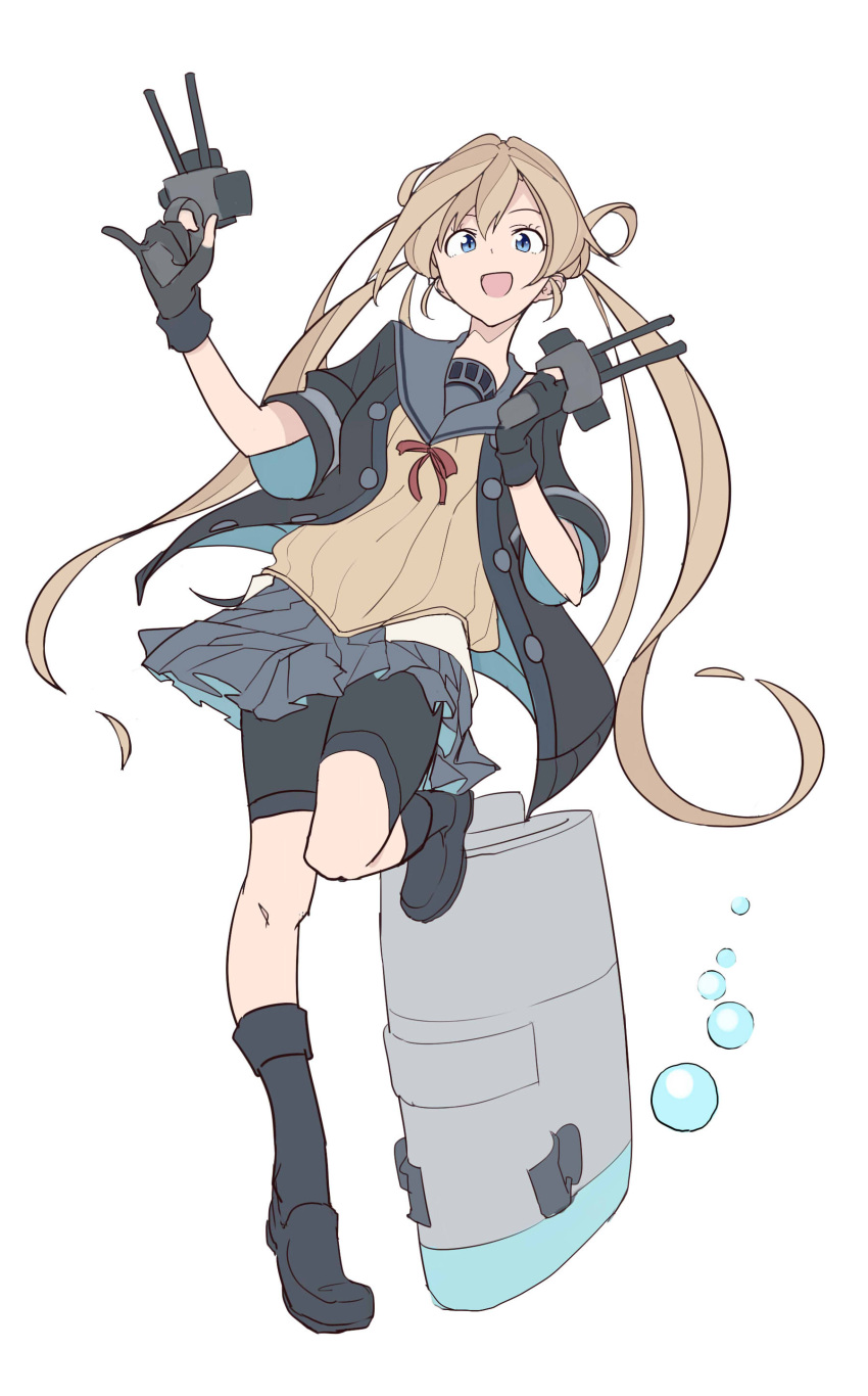 1girl absurdres abukuma_(kantai_collection) bike_shorts black_gloves blonde_hair blue_eyes boots bubble cannon fingerless_gloves full_body gloves gun hair_between_eyes hair_rings highres jacket kantai_collection long_hair looking_at_viewer open_mouth remodel_(kantai_collection) school_uniform short_sleeves shorts_under_skirt simple_background skirt solo standing standing_on_one_leg sweater sy-l-via twintails very_long_hair weapon white_background