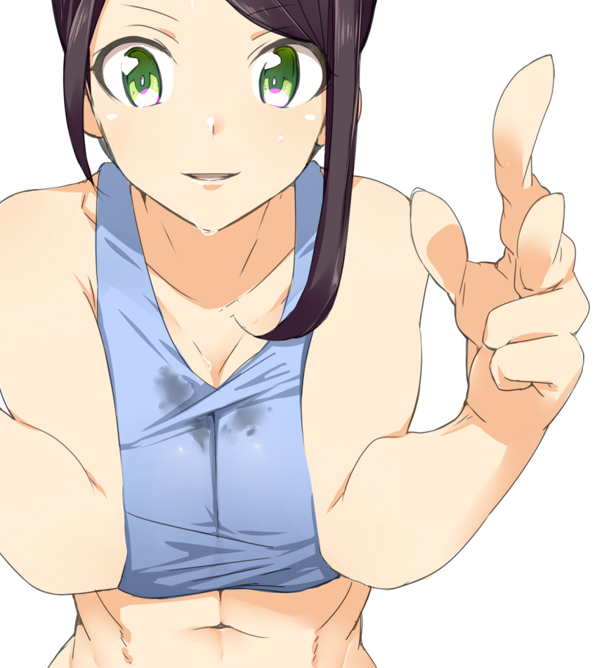 1girl abs arms_at_sides asymmetrical_hair breasts cleavage close-up collarbone crop_top eyebrows_visible_through_hair green_eyes highres idolmaster idolmaster_cinderella_girls large_breasts looking_at_viewer manabebebe parted_lips shirt sidelocks simple_background smile solo sweat tank_top teeth upper_body wet wet_clothes wet_shirt white_background yamato_aki