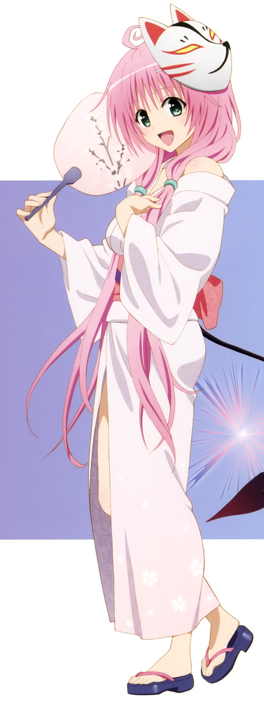 1girl absurdres ahoge cropped feet highres japanese_clothes kimono lala_satalin_deviluke long_hair mask mask_on_head obi official_art open_mouth pink_hair sandals sash smile solo standing tail to_love-ru to_love-ru_darkness toes