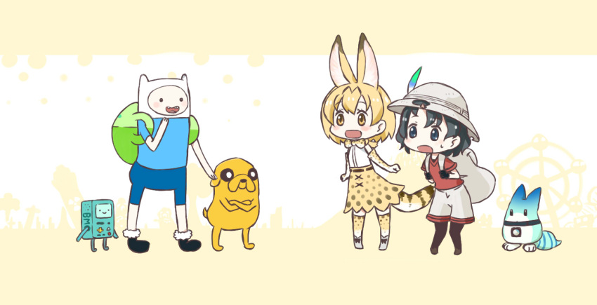 2girls adventure_time animal_ears backpack bag bare_shoulders black_gloves black_hair blonde_hair blush bmo bow bowtie commentary_request crossover dog dokanmania elbow_gloves finn_the_human gloves hat hat_feather jake_the_dog kaban kemono_friends lucky_beast_(kemono_friends) multiple_boys multiple_girls open_mouth safari_hat serval_(kemono_friends) serval_ears serval_print serval_tail shirt short_hair shorts skirt sleeveless smile tail trait_connection wavy_hair yellow_eyes