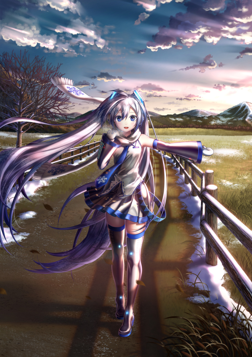 1girl blue_eyes blue_hair boots clouds detached_sleeves fence full_body hatsune_miku highres leaf long_hair looking_at_viewer mittens necktie open_mouth outdoors outstretched_arm road scarf skirt sky snow snowflakes solo thigh-highs thigh_boots tree twintails very_long_hair vocaloid walking winter wooden_fence yuki_miku