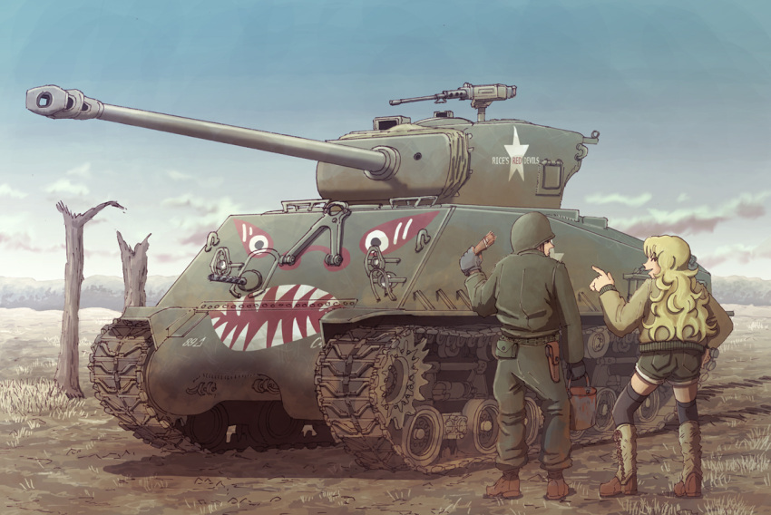 1boy 1girl caterpillar_tracks clouds earasensha ground_vehicle gun helmet korean_war m4_sherman machine_gun military military_vehicle motor_vehicle painting real_life sky smile star tank tree weapon