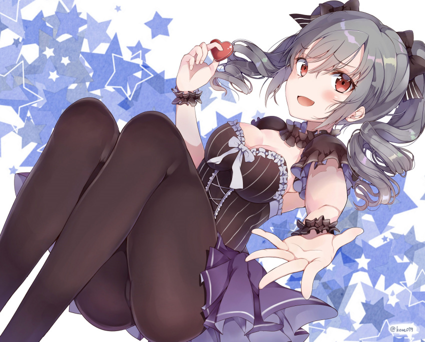 1girl :d ass bangs black_legwear blush bow breasts cleavage detached_collar dress grey_hair hair_bow heart highres holding idolmaster idolmaster_cinderella_girls kanzaki_ranko kyou_hotaru legs_together legs_up long_hair looking_at_viewer medium_breasts open_mouth outstretched_arm pantyhose red_eyes scrunchie smile solo star starry_background twintails twitter_username wrist_scrunchie