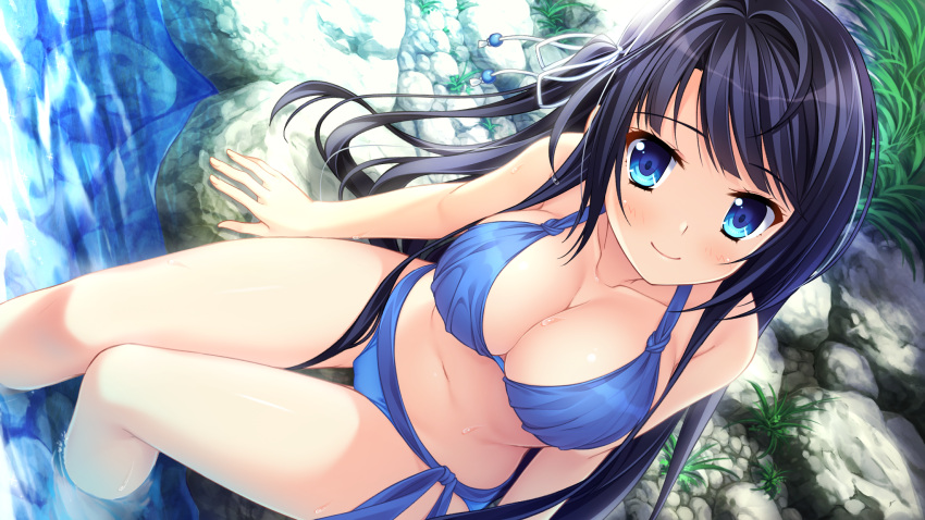 1girl ahoge arm_support arms_at_sides bangs bare_arms bare_legs bare_shoulders barefoot bikini black_hair blue_bikini blue_eyes blush breasts cleavage closed_mouth collarbone day dutch_angle eyebrows_visible_through_hair eyelashes female fingernails from_above game_cg grass hair_ribbon highres large_breasts long_fingernails long_hair looking_at_viewer manazuru_misaki midriff natsu_no_iro_no_nostalgia navel one_side_up outdoors partially_submerged pebble plant ribbon river side-tie_bikini sitting sitting_on_rock smile soaking_feet solo stone stream swimsuit thigh_gap very_long_hair water wet yamakaze_ran