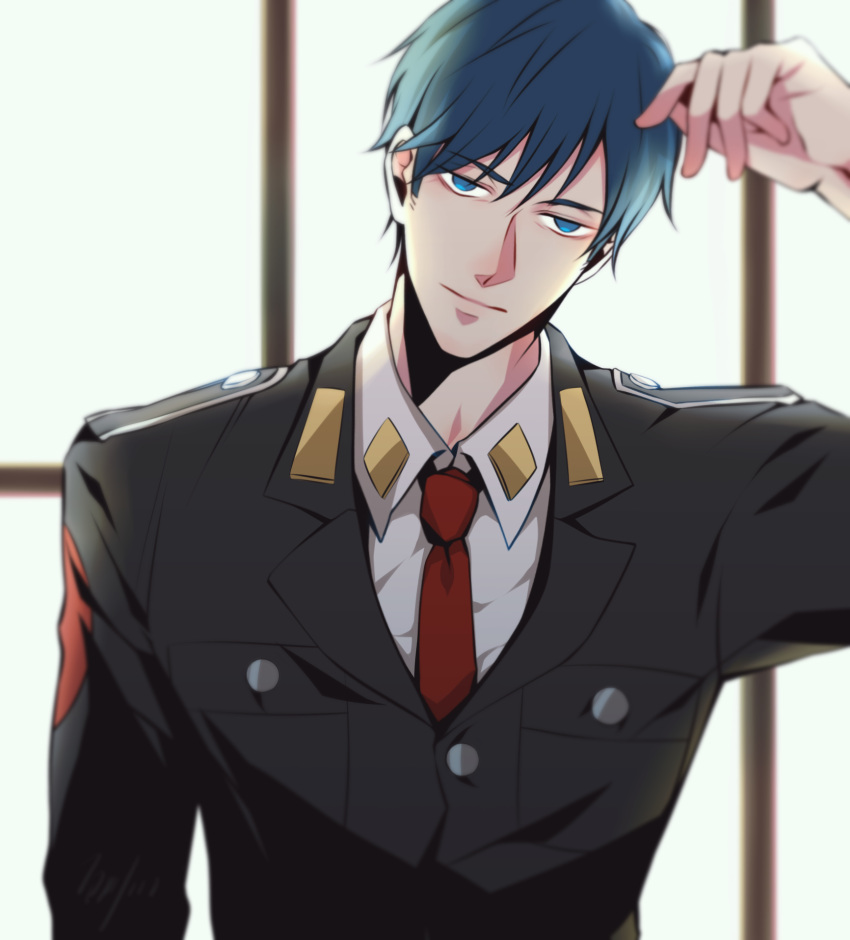 1boy acca_13-ku_kansatsu-ka blue_eyes blue_hair delight_hsia highres male_focus military military_uniform necktie niino_(acca) solo uniform upper_body