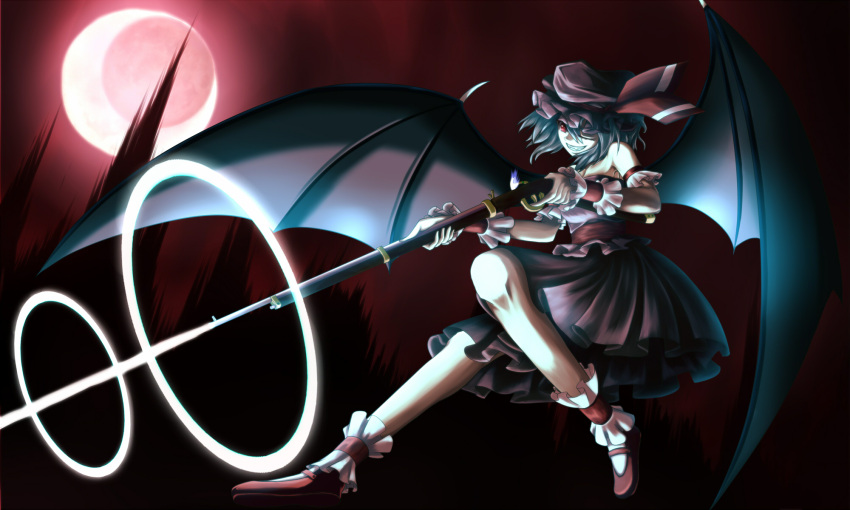 1girl adapted_costume alternate_weapon ankle_cuffs antique_firearm arm_garter bare_shoulders bat_wings blue_hair crescent_moon dress fangs firearm firelock firing flintlock flying folded_leg grin gun hat hat_ribbon head_tilt highres looking_to_the_side mary_janes mob_cap moon musket one_eye_closed red_eyes red_shoes red_sky remilia_scarlet ribbon shimomu_(shimom2) shoes short_hair sky smile solo strapless strapless_dress touhou weapon wings wrist_cuffs
