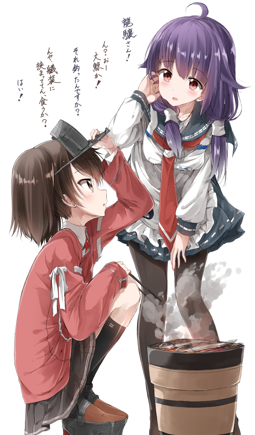 2girls absurdres ahoge black_legwear black_skirt brown_eyes brown_hair chopsticks fish grill highres kantai_collection kneehighs leaning_forward long_hair long_sleeves low_twintails magatama multiple_girls necktie pentagon_(railgun_ky1206) purple_hair red_eyes red_necktie ryuujou_(kantai_collection) sailor_collar school_uniform serafuku shichirin short_hair simple_background skirt smoke squatting taigei_(kantai_collection) thigh-highs translation_request twintails visor_cap white_background