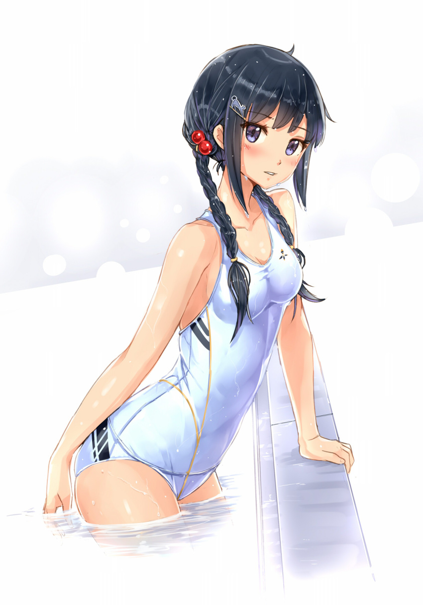 1girl arm_behind_back arm_support bare_legs bare_shoulders black_hair braid breasts cat_hair_ornament cleavage collarbone competition_swimsuit hair_bobbles hair_ornament hair_tie hairclip highres kazeno long_hair looking_at_viewer one-piece_swimsuit original parted_lips pool school_swimsuit shiny shiny_skin small_breasts smile solo swimsuit twin_braids wading water white_school_swimsuit white_swimsuit