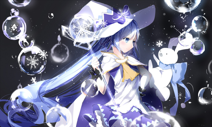 1girl blue_eyes blue_hair bubble cape douzhi hand_on_hip hat hatsune_miku long_hair rabbit scepter skirt snowflakes twintails very_long_hair vocaloid wand witch_hat yukine_(vocaloid)