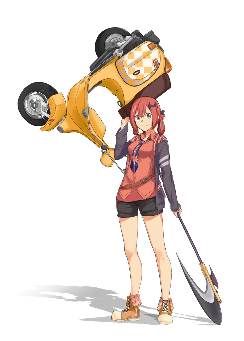 1girl bat_hair_ornament black_shorts blue_necktie boots breasts brown_boots closed_mouth collared_shirt cross-laced_footwear dress_shirt eyebrows_visible_through_hair full_body gabriel_dropout ground_vehicle hair_between_eyes hair_ornament hair_rings highres holding hood hooded_jacket jacket kurumizawa_satanichia_mcdowell long_sleeves medium_breasts motor_vehicle necktie open_clothes open_jacket orange_hair orange_shirt plaid saruno_(eyesonly712) scooter scythe shirt shorts silhouette simple_background smile solo standing union_jack vespa violet_eyes white_background wing_collar