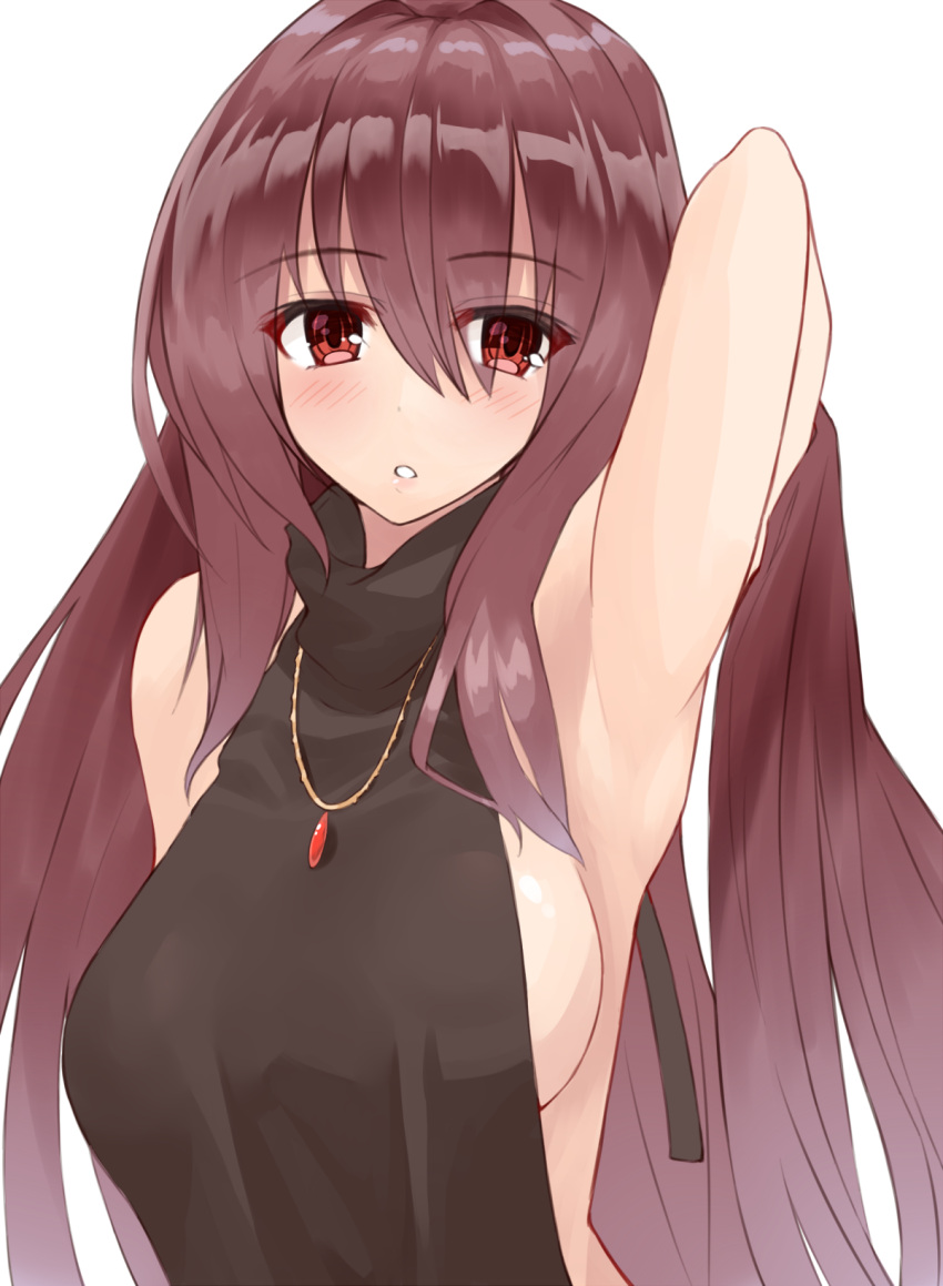 1girl arm_up armpits bangs black_dress blush breasts drawstring dress eyebrows_visible_through_hair fate/grand_order fate_(series) hair_between_eyes halterneck highres jewelry large_breasts long_hair looking_at_viewer meme_attire necklace no_bra parted_lips purple_hair red_eyes scathach_(fate/grand_order) shunichi sideboob simple_background solo turtleneck upper_body very_long_hair virgin_killer_sweater white_background