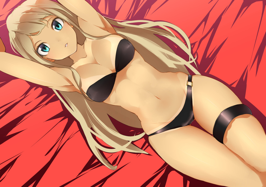 1girl absurdres alessandra_susu armpits arms_up bandeau bangs barcode bed_sheet bikini bikini_tan black_bikini blue_eyes blush breasts character_name cleavage copyright_name cover cover_page cowboy_shot doujin_cover dutch_angle english from_above groin highres indoors legs_together long_hair looking_at_viewer manabebebe medium_breasts navel o-ring_bikini o-ring_bottom on_bed parted_lips silver_hair skindentation solo strapless strapless_bikini swimsuit tan tanline thigh_strap tokyo_7th_sisters very_long_hair
