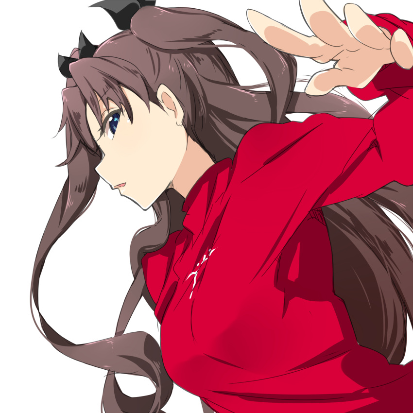 1girl bangs black_ribbon blue_eyes breasts brown_hair commentary_request fate/stay_night fate_(series) hair_ribbon highres long_hair looking_at_viewer manabebebe medium_breasts parted_bangs parted_lips profile ribbon side_glance simple_background solo sweater tohsaka_rin toosaka_rin turtleneck turtleneck_sweater two_side_up upper_body white_background