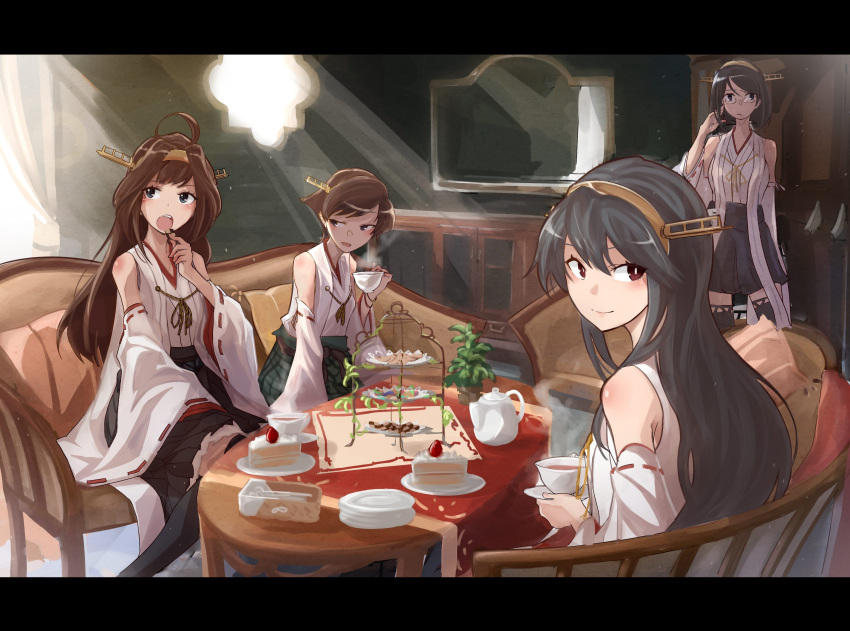 4girls ahoge bangs bare_shoulders black_hair black_legwear blue_eyes brown_eyes brown_hair cake checkerboard_cookie cookie couch cup dessert detached_sleeves eyebrows_visible_through_hair food glasses grey_eyes hair_between_eyes haruna_(kantai_collection) headgear hiei_(kantai_collection) highres indoors kantai_collection kirishima_(kantai_collection) kongou_(kantai_collection) letterboxed light_smile long_hair looking_at_another looking_at_viewer looking_back looking_to_the_side multiple_girls nontraditional_miko open_mouth plant plate potted_plant short_hair sitting skirt standing swept_bangs sy-l-via teacup teapot thigh-highs