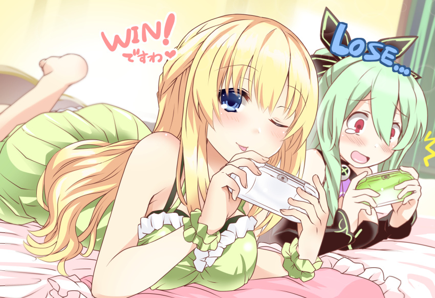 2girls ;p bare_shoulders barefoot bed blonde_hair blue_eyes blush bow braid breasts choujigen_game_neptune dress female frills game_console green_hair hair_bow hakozaki_chika handheld_game_console heart highres holding indoors large_breasts long_hair looking_at_viewer lying multiple_girls neptune_(series) nightgown on_stomach one_eye_closed playstation_vita red_eyes room shinjitsu_(true_ride) shiny shiny_skin smile teardrop text tongue tongue_out vert