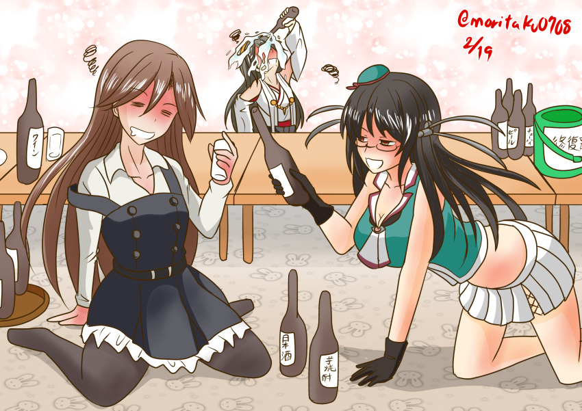3girls alcohol arashio_(kantai_collection) bare_shoulders beret black_gloves black_hair bottle brown_hair choukai_(kantai_collection) commentary_request detached_sleeves dress drinking drugged drunk glasses gloves hair_ornament hairband hairclip haruna_(kantai_collection) hat headgear highres japanese_clothes kantai_collection long_hair midriff moritaku0708 multiple_girls nontraditional_miko open_mouth pantyhose pinafore_dress pleated_skirt red_eyes remodel_(kantai_collection) ribbon-trimmed_sleeves ribbon_trim rimless_glasses sake sake_bottle school_uniform serafuku skirt wide_sleeves