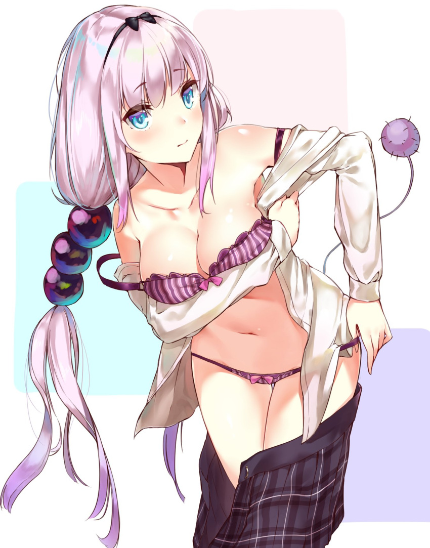 1girl artist_request bangs bare_shoulders beads black_bow black_hairband black_skirt blue_eyes bow bow_bra bow_panties bra breasts closed_mouth collarbone cowboy_shot dragon_girl eyebrows_visible_through_hair gradient gradient_hair hair_beads hair_ornament hairband highres kaerunoko kanna_kamui kobayashi-san_chi_no_maidragon lavender_hair leaning_to_the_side legs_together long_hair long_sleeves looking_at_viewer low_twintails medium_breasts midriff multicolored_hair navel no_horn older open_clothes open_shirt panties panty_pull plaid plaid_skirt pleated_skirt pulled_by_self purple_bow purple_bra purple_hair purple_panties shirt shirt_pull skirt skirt_aside solo source_request striped tail thigh_gap twintails unbuttoned underwear undressing unzipped vertical_stripes very_long_hair