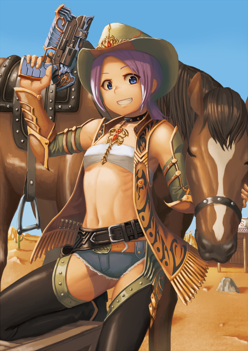 1girl :d bangs belt black_boots black_choker blue_eyes boots breasts bullet cactus choker commentary_request cowboy cowboy_hat day grin gun handgun hat highres holding holding_gun holding_weapon horse jewelry looking_at_viewer midriff navel open_mouth original parted_bangs pendant ponytail ranma_(kamenrideroz) saddle sand sarashi short_shorts shorts small_breasts smile solo sunlight thigh-highs thigh_boots violet_eyes weapon western