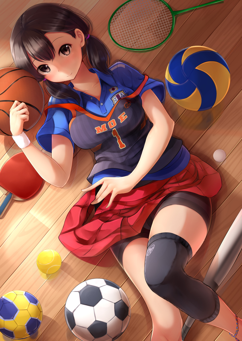 1girl absurdres anklet ball baseball_bat basketball basketball_uniform bike_shorts black_hair black_shorts blush breasts brown_eyes buttons closed_mouth clothes_writing eyebrows_visible_through_hair handball highres japanese_flag jewelry leg_warmers long_hair low_twintails lying medium_breasts moe2017 nicoby on_back on_floor original paddle pleated_skirt racket red_skirt short_sleeves shorts shorts_under_skirt skirt smile soccer_ball soccer_uniform sportswear strap_slip sweatband table_tennis_ball table_tennis_paddle tareme tennis_ball tennis_racket twintails wing_collar wooden_floor