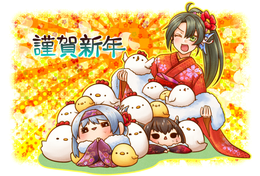 :d ;d ahoge alternate_costume alternate_hairstyle bird black_hair chibi chick chicken commentary_request folded_ponytail grey_hair hair_ornament hairband japanese_clothes kantai_collection kimono long_hair looking_at_viewer one_eye_closed open_mouth ponytail seiza short_hair shoukaku_(kantai_collection) silver_hair sitting smile sweat taihou_(kantai_collection) translation_request yumaru_(marumarumaru) zuikaku_(kantai_collection)