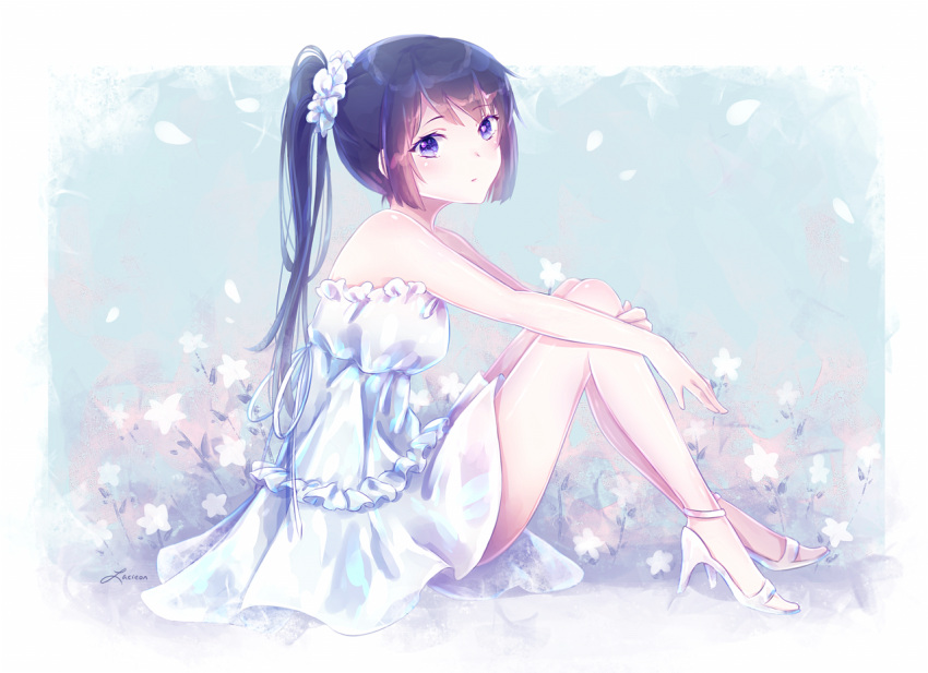 1girl bare_shoulders black_hair dress exposed_shoulders flower frilled_dress frills hair_ornament hair_scrunchie hibike!_euphonium high_heels high_ponytail kousaka_reina lacieon leg_hug long_hair looking_at_viewer petals ponytail scrunchie shoes sitting sleeveless sleeveless_dress solo tied_hair violet_eyes white_dress white_hair_ornament white_scrunchie