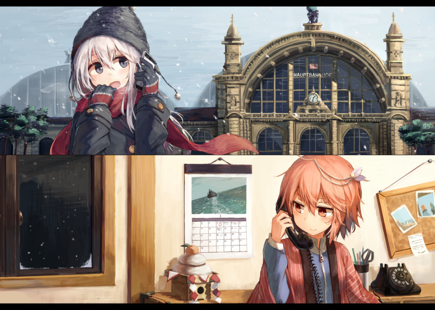2girls ahoge alternate_costume architecture beize_(garbage) blonde_hair blush bulletin_board buttons calendar_(object) cellphone clock clothes_grab coat dial food gloves hair_between_eyes hair_ornament hanten_(clothes) i-58_(kantai_collection) jacket kagami_mochi kantai_collection long_hair mochi multiple_girls ocean phone pink_hair postcard red_scarf rotary_phone scarf scissors ship short_hair smartphone smile snowing stationery track_jacket train_station tree u-511_(kantai_collection) wagashi water watercraft zipper