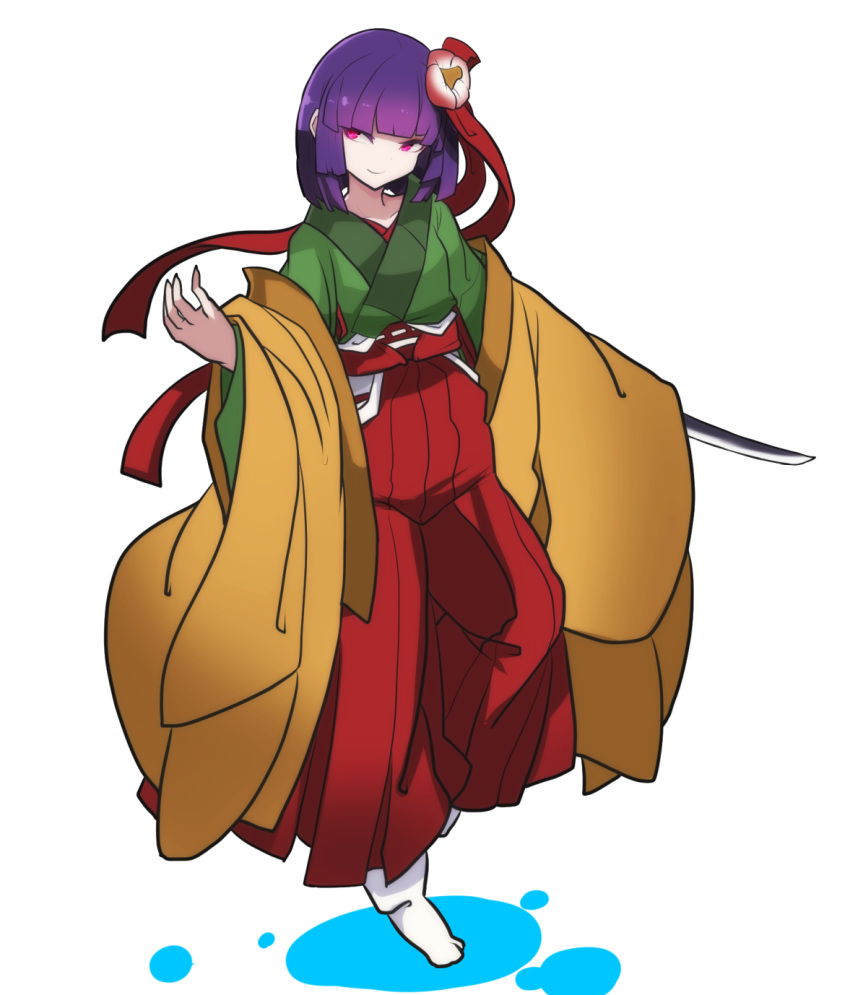 1girl flower hair_flower hair_ornament hair_ribbon hakama hand_up hieda_no_akyuu hiedanotsukai highres hime_cut holding holding_sword holding_weapon japanese_clothes kimono looking_to_the_side no_shoes off_shoulder pink_eyes purple_hair red_ribbon ribbon simple_background sleeves_past_wrists smile solo sword sword_in_sleeve tabi touhou tsurime weapon white_background