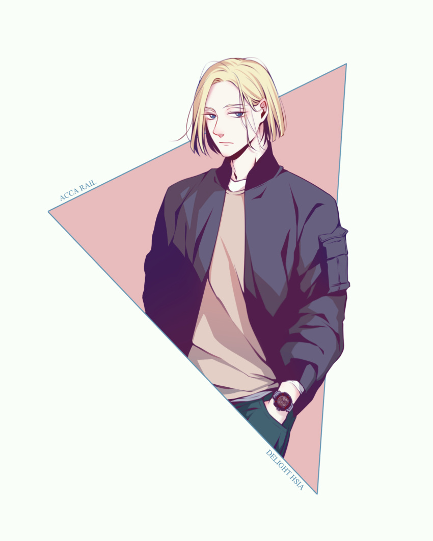 1boy acca_13-ku_kansatsu-ka artist_name beige_background blonde_hair blue_eyes character_name copyright_name delight_hsia highres jacket male_focus rail_(acca) simple_background solo watch