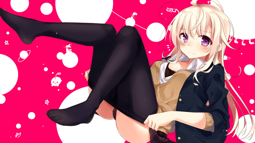 1girl :3 ahoge artist_name bangs black_legwear blazer blonde_hair blush breasts brown_skirt cardigan cleavage closed_mouth collarbone collared_shirt dutch_angle eyebrows_visible_through_hair feet frown glasses highres jacket legs_up long_hair looking_at_viewer medium_breasts mizuki-chan_(sasahara_wakaba) no_shoes open_clothes open_jacket original pantyhose partially_unbuttoned plaid plaid_skirt sasahara_wakaba semi-rimless_glasses shirt signature sitting skirt socks solo star tareme thighs toes under-rim_glasses violet_eyes wavy_mouth