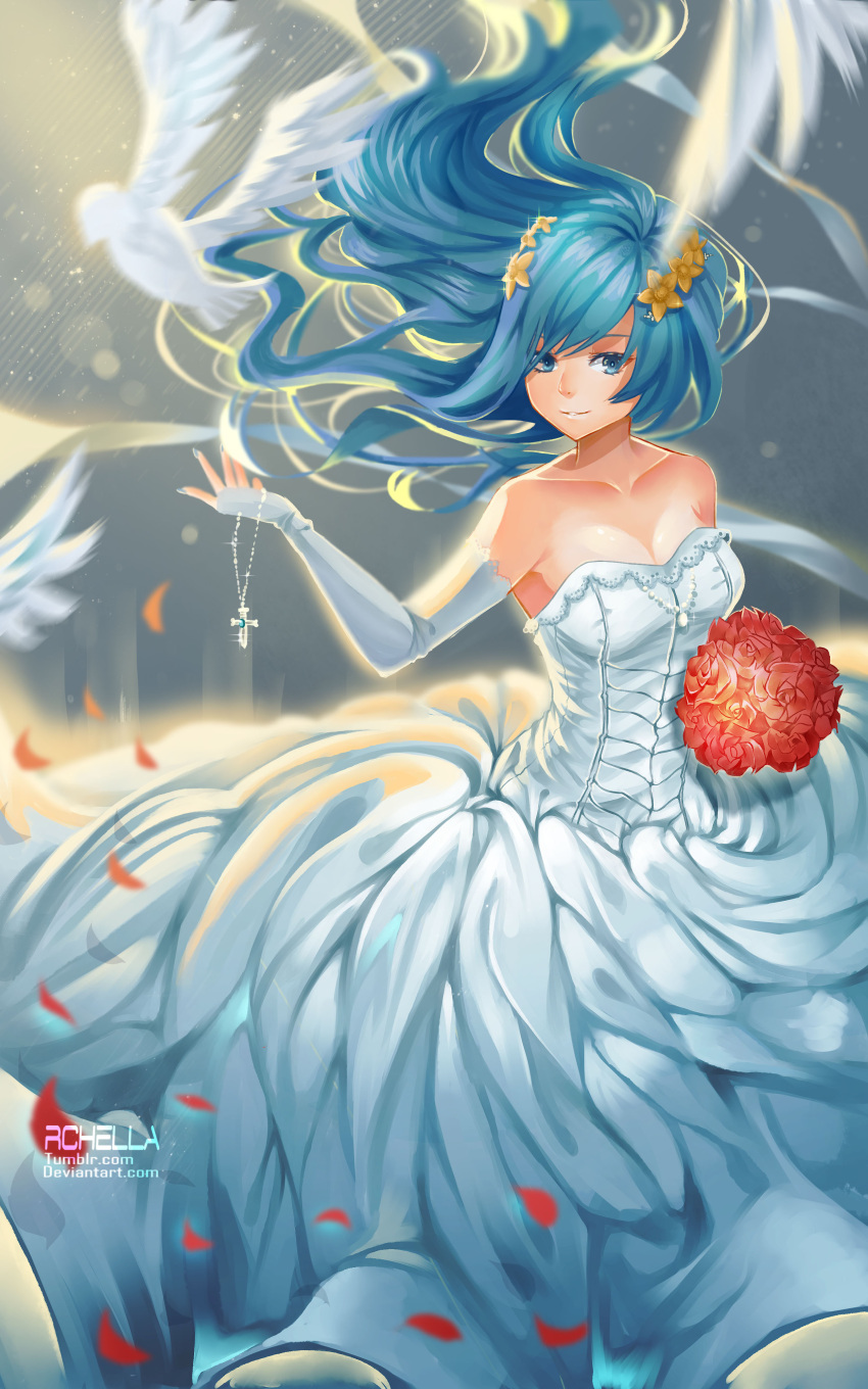 1girl absurdres bangs bare_shoulders bird blue_eyes blue_hair blue_nails bouquet breasts bride cleavage collarbone cross cross_necklace detached_sleeves deviantart_username dove dress fairy_tail fingernails floating_hair flower gown hair_flower hair_ornament highres holding holding_bouquet jewelry juvia_lockser juvia_loxar long_hair medium_breasts nail_polish necklace pendant petals rchella red_flower sleeveless sleeveless_dress smile solo strapless strapless_dress tumblr_username very_long_hair watermark web_address wedding_dress white_dress yellow_flower