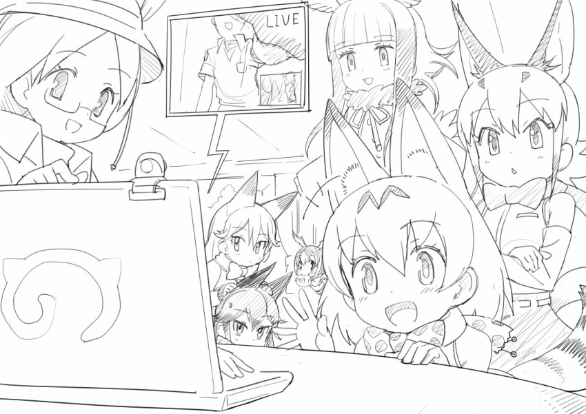 1boy 6+girls :d :t animal_ears bangs bare_shoulders blunt_bangs blush blush_stickers bow bowtie buttons caracal_(kemono_friends) caracal_ears caracal_tail cat_ears cat_tail chibi chibi_inset collar collared_shirt commentary_request computer crested_ibis_(kemono_friends) cross-laced_clothes crossed_arms dot_nose drawstring eating elbow_gloves english eyebrows_visible_through_hair eyelashes flying food_in_mouth fox_ears fur_collar glasses gloves golden_eagle_(kemono_friends) greyscale hair_between_eyes hatching_(texture) head_wings indoors japari_bun jitome kemono_friends kita_kitsune long_hair long_sleeves looking_afar looking_at_viewer monochrome multiple_girls north_atlantic_puffin_(kemono_friends) notebook official_art open_hand open_mouth park_guide pointing serval_(kemono_friends) serval_ears serval_tail shirt short_hair short_hair_with_long_locks short_sleeves shy sidelocks silver_fox_(kemono_friends) simple_background sketch skirt sleeveless sleeveless_shirt smile striped_tail sweat t-shirt table tail tareme tree triangle_mouth tsurime video_camera waving white_background wings