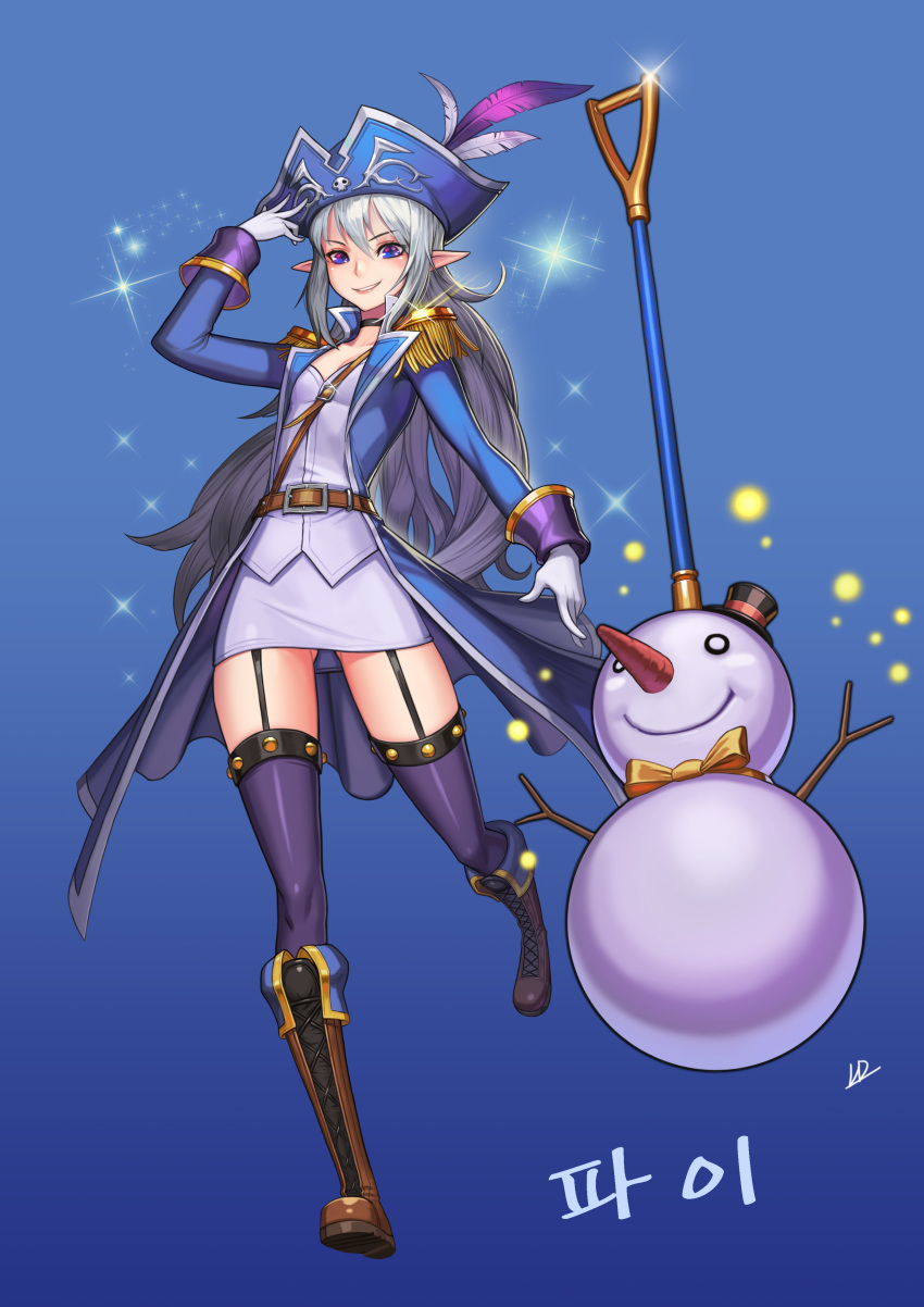 1girl absurdres belt boots choker coat dungeon_and_fighter epaulettes full_body garter_straps gluteal_fold grey_hair hat hat_feather highres kim_jin_sung long_hair looking_at_viewer miniskirt original pirate_hat pointy_ears skirt smile snowman solo standing standing_on_one_leg thigh-highs very_long_hair violet_eyes weapon