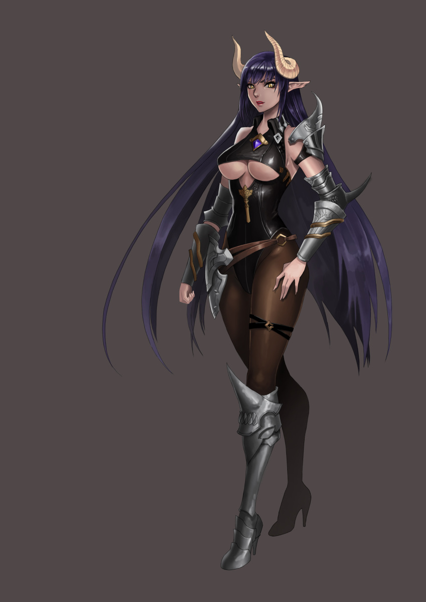 1girl absurdres armor armored_boots bangs bare_shoulders belt black_leotard boots breasts brooch brown_background brown_legwear demon_girl demon_horns eyelashes full_body gauntlets gem greaves groin hand_on_hip high_heel_boots high_heels highleg highleg_leotard highres horns jewelry karmiel leotard lipstick long_hair looking_at_viewer makeup medium_breasts nose original pantyhose pauldrons pointy_ears purple_hair red_lips red_lipstick shoulder_pads simple_background sleeveless slit_pupils solo standing strap teeth thigh_strap under_boob underboob_cutout very_long_hair yellow_eyes