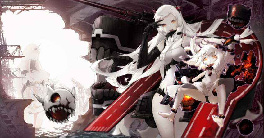 3girls :d ahoge airfield_hime airport black_panties covered_mouth detached_sleeves dress enemy_aircraft_(kantai_collection) gorikiri holding horn horns kantai_collection leotard long_hair looking_at_viewer machinery military military_vehicle mittens multiple_girls northern_ocean_hime open_mouth orange_eyes panties pantyshot pantyshot_(sitting) pose revision seaport_hime shinkaisei-kan ship sitting sliding smile turret underwear v warship watercraft white_dress white_hair white_skin