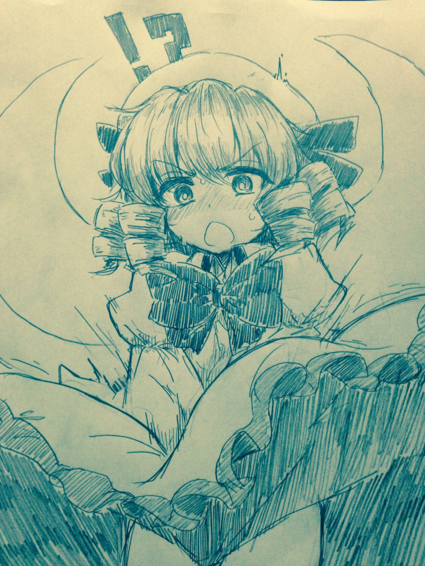 !? &gt;:o 1girl :o bangs blush bow bowtie chestnut_mouth commentary_request cowboy_shot dress dress_lift dress_tug drill_hair efukei eyebrows_visible_through_hair fairy_wings hat highres luna_child monochrome nose_blush open_mouth puffy_sleeves solo sweat touhou traditional_media wind wind_lift wings