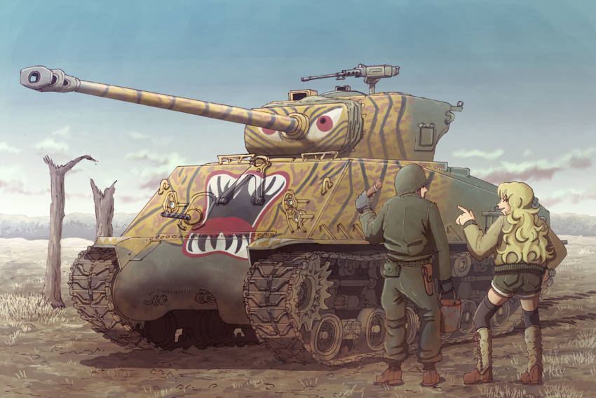 1boy 1girl caterpillar_tracks clouds earasensha ground_vehicle gun korean_war m4_sherman machine_gun military military_vehicle motor_vehicle real_life sky tank tree weapon