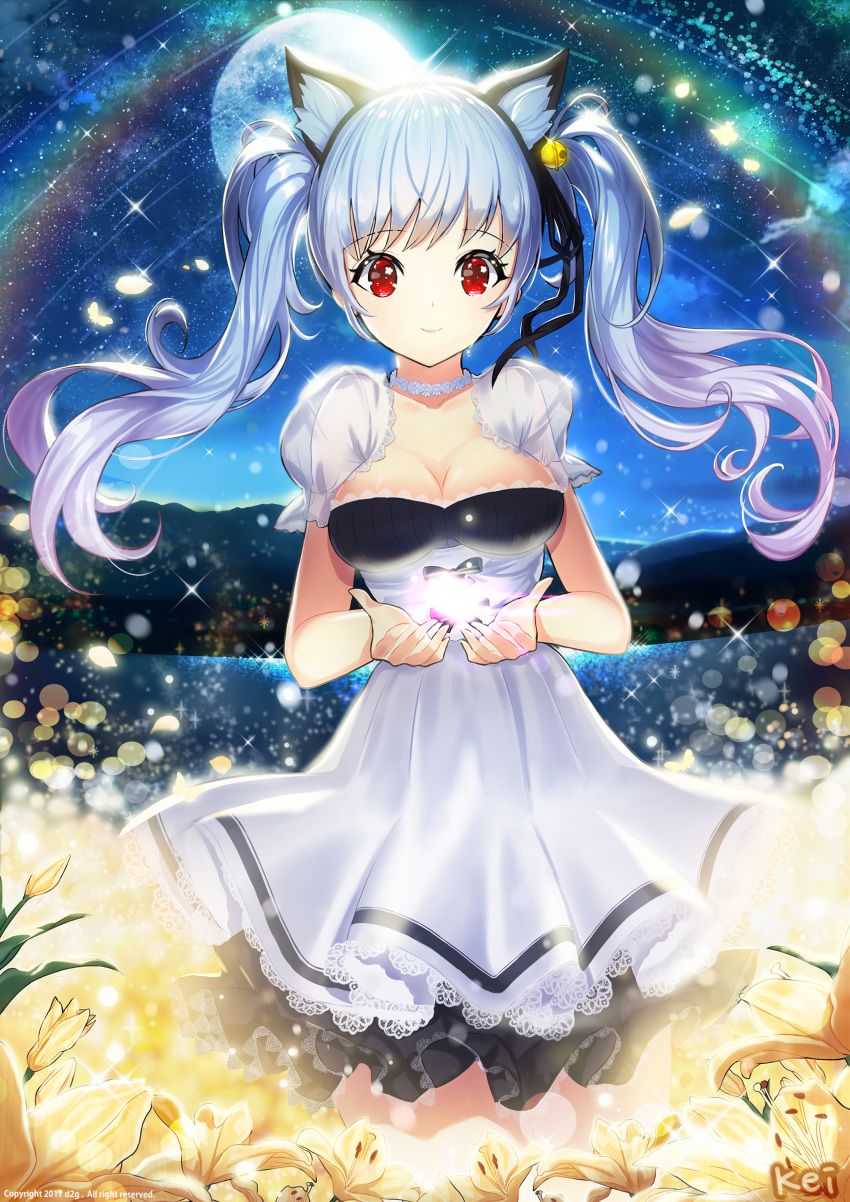 1girl absurdres animal_ears bell black_ribbon blue_hair breasts cat_ears cleavage collarbone dress hair_bell hair_ornament hair_ribbon highres jewelry large_breasts lens_flare long_hair looking_at_viewer necklace original outdoors rainbow red_eyes ribbon signature sky sleeveless sleeveless_dress smile solo standing star_(sky) starry_sky ttaji_(pass35) twintails yellow_flower