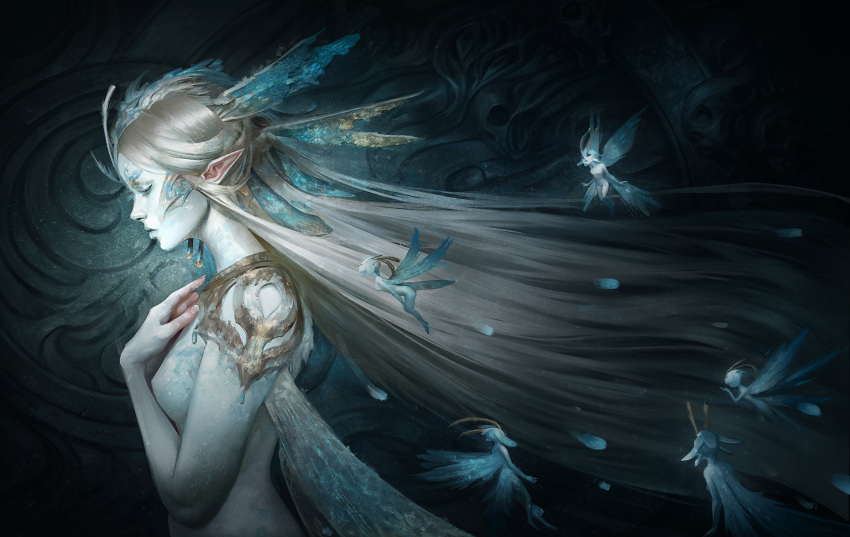 1girl blonde_hair blue_skin breasts closed_mouth commentary fairy fairy_wings from_side hand_on_own_chest head_wings highres horns long_hair looking_down marie_magny medium_breasts original pointy_ears profile realistic solo upper_body very_long_hair wings