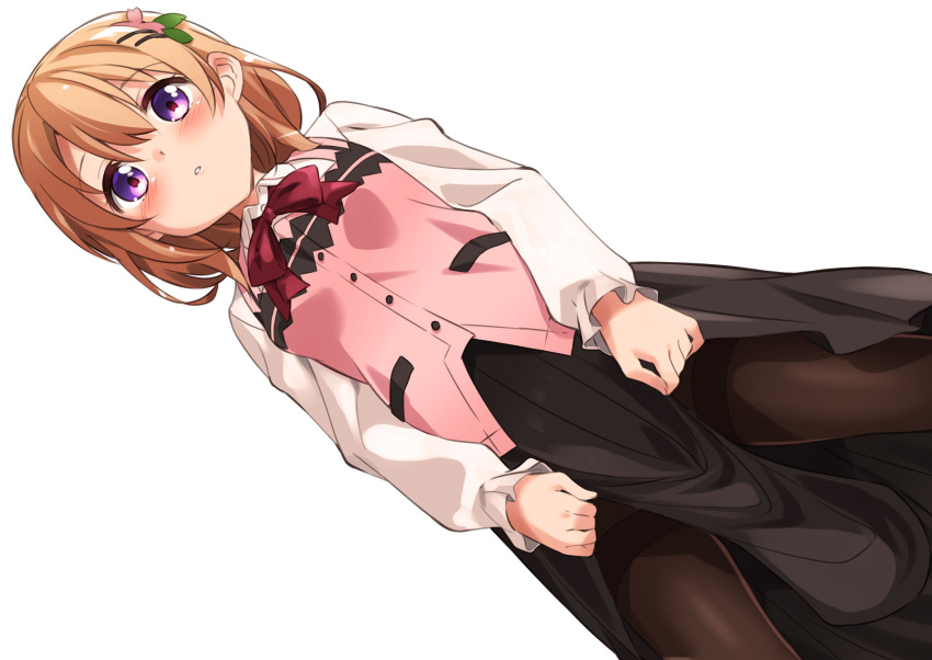 1girl bangs black_legwear black_skirt blush bow bowtie breasts buttons collared_shirt commentary_request cowboy_shot dutch_angle eyebrows_visible_through_hair from_below gochuumon_wa_usagi_desu_ka? hair_between_eyes hair_ornament hairclip highres hoto_cocoa lifted_by_self long_sleeves looking_at_viewer mousou_(mousou_temporary) orange_hair pantyhose parted_lips pink_vest rabbit_house_uniform red_bow red_bowtie shirt short_hair simple_background skirt skirt_lift small_breasts solo standing teeth thighband_pantyhose vest violet_eyes white_background white_shirt