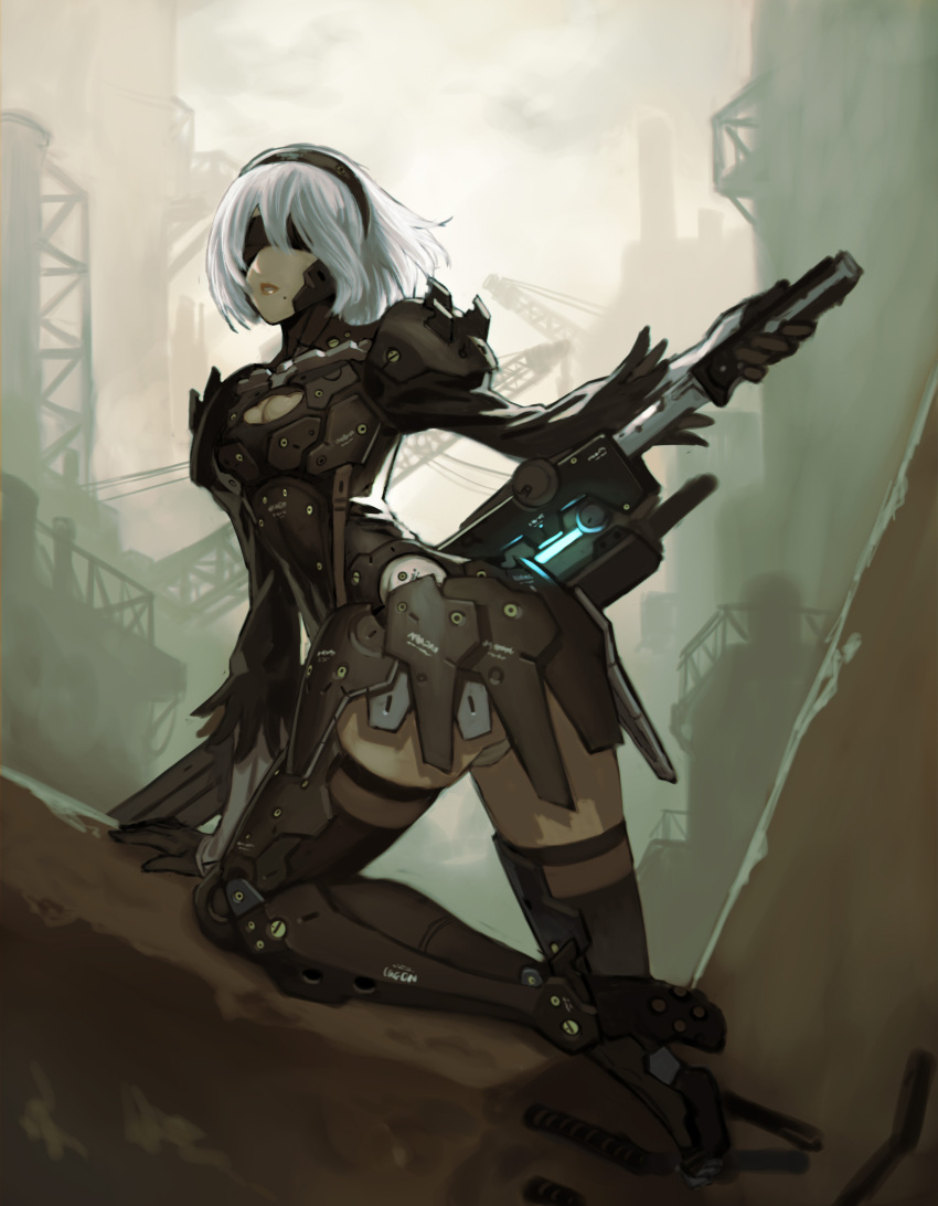 1girl absurdres blindfold breasts cleavage company_connection cosplay hairband highres metal_gear_(series) metal_gear_rising:_revengeance mole mole_under_mouth nier_(series) nier_automata parted_lips raiden raiden_(cosplay) solo sword weapon white_hair yorha_no._2_type_b yoshimura_ken'ichirou