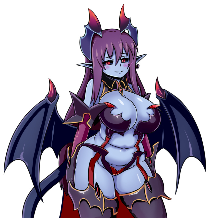 1girl bare_shoulders belly black_sclera blue_skin blush breasts cleavage cowboy_shot demon_(monster_girl_encyclopedia) demon_girl demon_wings earrings elbow_gloves eyebrows_visible_through_hair gloves heart heart_earrings highres horns huge_breasts jewelry long_hair looking_at_viewer monster_girl_encyclopedia nav navel plump pointy_ears purple_hair red_eyes simple_background smile solo tail thick_thighs thigh-highs thighs very_long_hair white_background wings