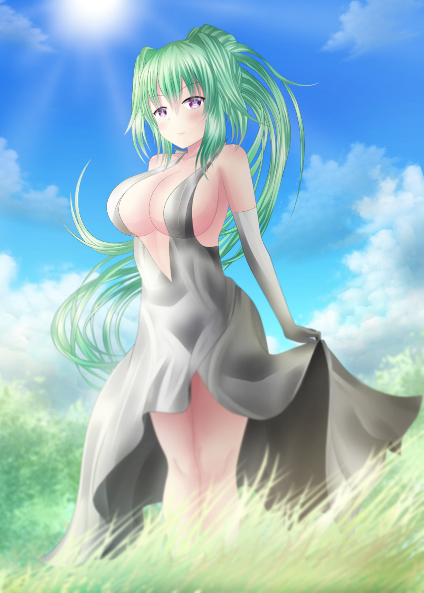 1girl alternate_costume blush breasts choujigen_game_neptune cleavage cleavage_cutout day dress female grass green_hair green_heart highres large_breasts long_hair looking_at_viewer nature neptune_(series) no_bra outdoors ponytail power_symbol sideboob sky solo sun symbol-shaped_pupils vert very_long_hair violet_eyes yumcha