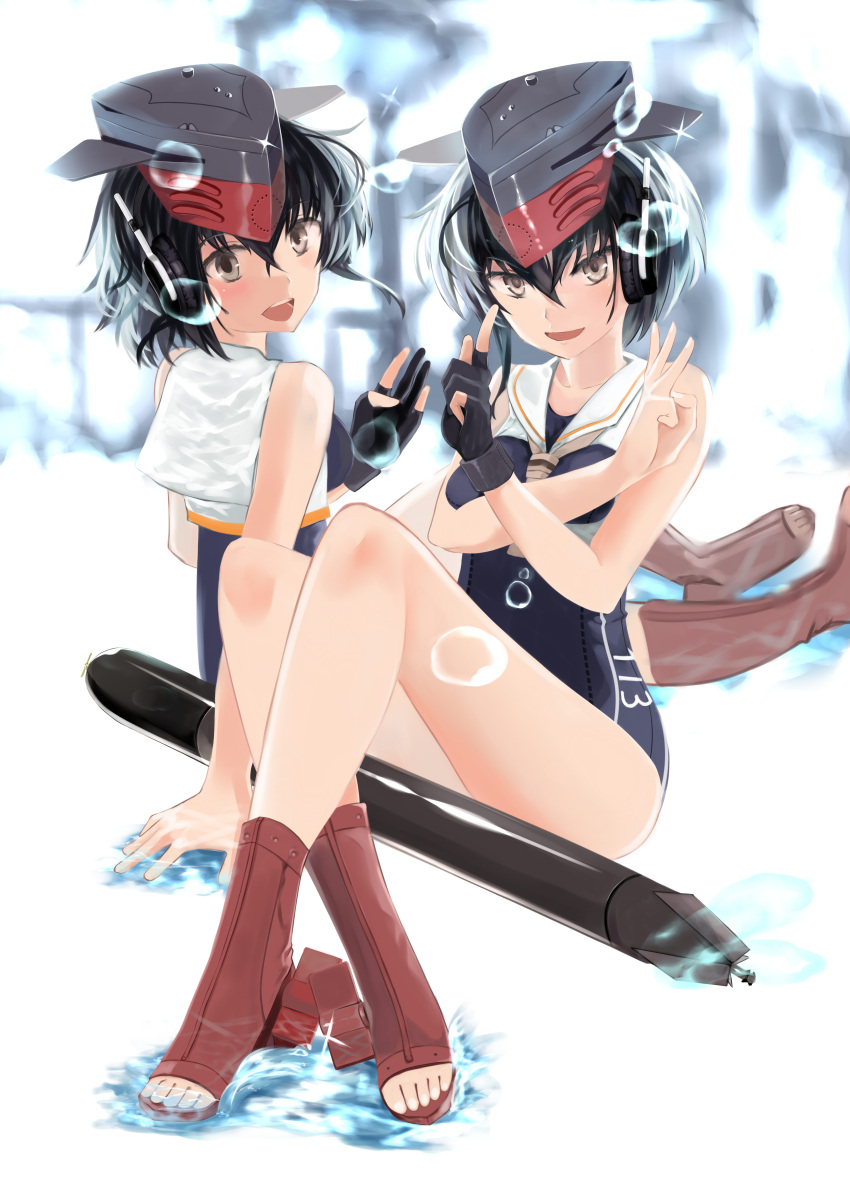 2girls absurdres bare_shoulders black_gloves black_hair blue_swimsuit boots brown_eyes error feet fingerless_gloves gloves hat highres i-13_(kantai_collection) i-14_(kantai_collection) kantai_collection looking_at_viewer multiple_girls nodokana_yuki number one-piece_swimsuit open_mouth short_hair sisters smile swimsuit toeless_boots toes torpedo twins