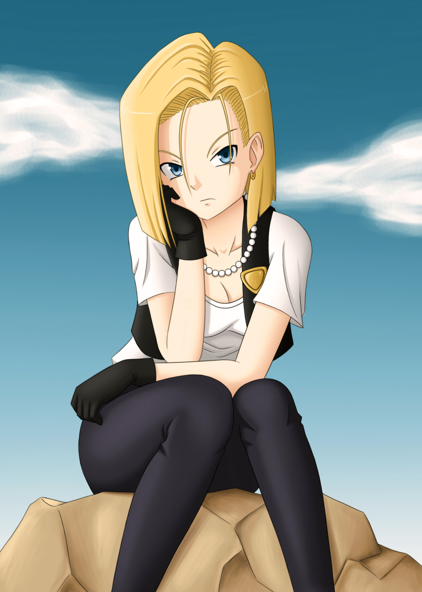&gt;:/ android_18 black_gloves black_legwear blonde_hair blue_eyes blue_sky breasts chin_rest cleavage clouds dragon_ball earrings forehead gloves highres hoop_earrings jewelry looking_at_viewer necklace nicko89 pearl_necklace raised_eyebrows rock sitting_on_rock sky