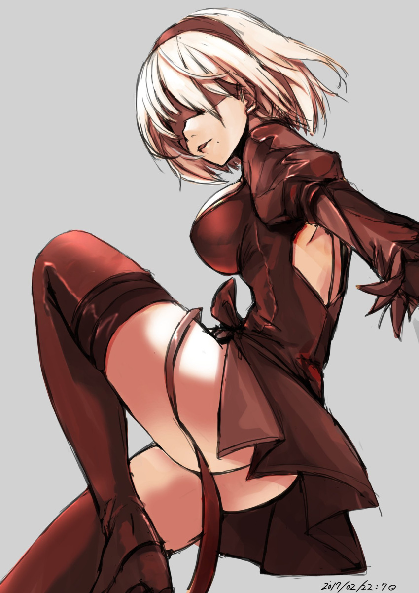 1girl 2017 ass backless_outfit bare_back blindfold dated dress hairband high_heels highres kuronuko_neero medium_hair mole nier_(series) nier_automata parted_lips puffy_sleeves silver_hair sketch solo thigh-highs yorha_no._2_type_b