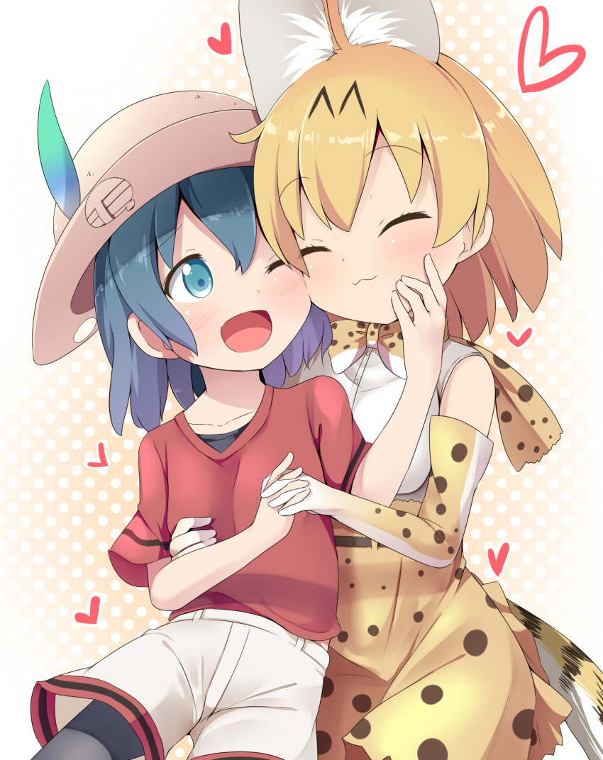 2girls :3 ;d animal_ears bare_shoulders black_gloves black_hair blonde_hair blue_eyes blush bow bowtie cat_ears cat_tail cheek-to-cheek closed_eyes elbow_gloves gloves hand_holding hand_on_another's_cheek hand_on_another's_face hat hat_feather highres hug hug_from_behind interlocked_fingers kaban kemono_friends looking_at_another makuran multiple_girls one_eye_closed open_mouth safari_hat serval_(kemono_friends) serval_ears serval_print serval_tail shirt short_hair skirt sleeveless smile tail yuri