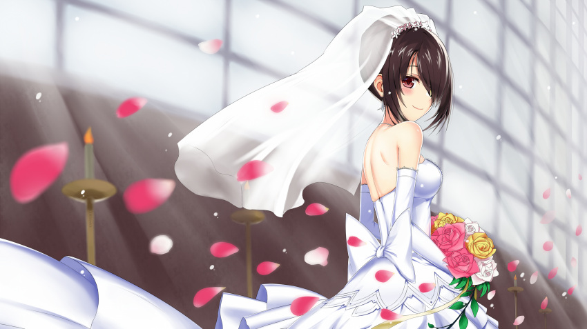 1girl bare_shoulders black_hair bouquet breasts bridal_veil bride date_a_live dress elbow_gloves eyes_visible_through_hair flower gloves hair_over_one_eye heterochromia highres looking_at_viewer red_eyes smile solo strapless strapless_dress tokisaki_kurumi veil wedding_dress white_dress yellow_eyes z1npool