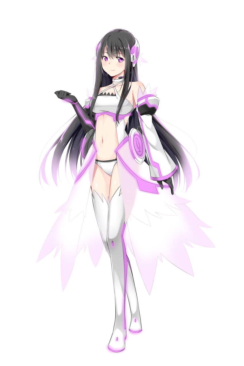 1girl @ichigo absurdres asymmetrical_sleeves black_gloves black_hair boots breasts collarbone crop_top detached_sleeves elbow_gloves full_body gloves highres long_hair looking_at_viewer medium_breasts midriff navel original panties pink_eyes simple_background smile solo standing thigh-highs thigh_boots underwear very_long_hair white_background white_boots white_panties