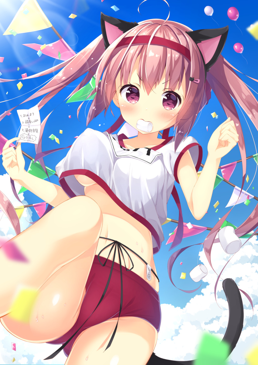 1girl 3:&lt; animal_ears balloon bangs black_ribbon blue_sky blurry blush borrowing_race breasts buruma cat_ears cat_girl cat_tail closed_mouth clouds cloudy_sky collarbone confetti cowboy_shot crop_top crop_top_overhang day depth_of_field dutch_angle erect_nipples eyebrows_visible_through_hair food food_in_mouth gym_uniform hair_between_eyes hair_ornament hairclip headband highres holding holding_paper knee_up large_breasts lens_flare light_rays long_hair looking_at_viewer marshmallow midriff moe2017 mouth_hold name_tag navel original outdoors paper pennant redhead ribbon shirt short_sleeves sky solo sports_festival sunbeam sunlight tail translated twintails under_boob violet_eyes white_shirt yaki_mayu